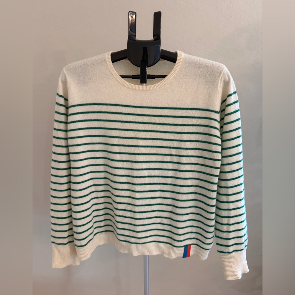KULE Cream and Green Striped Crewneck Sweater